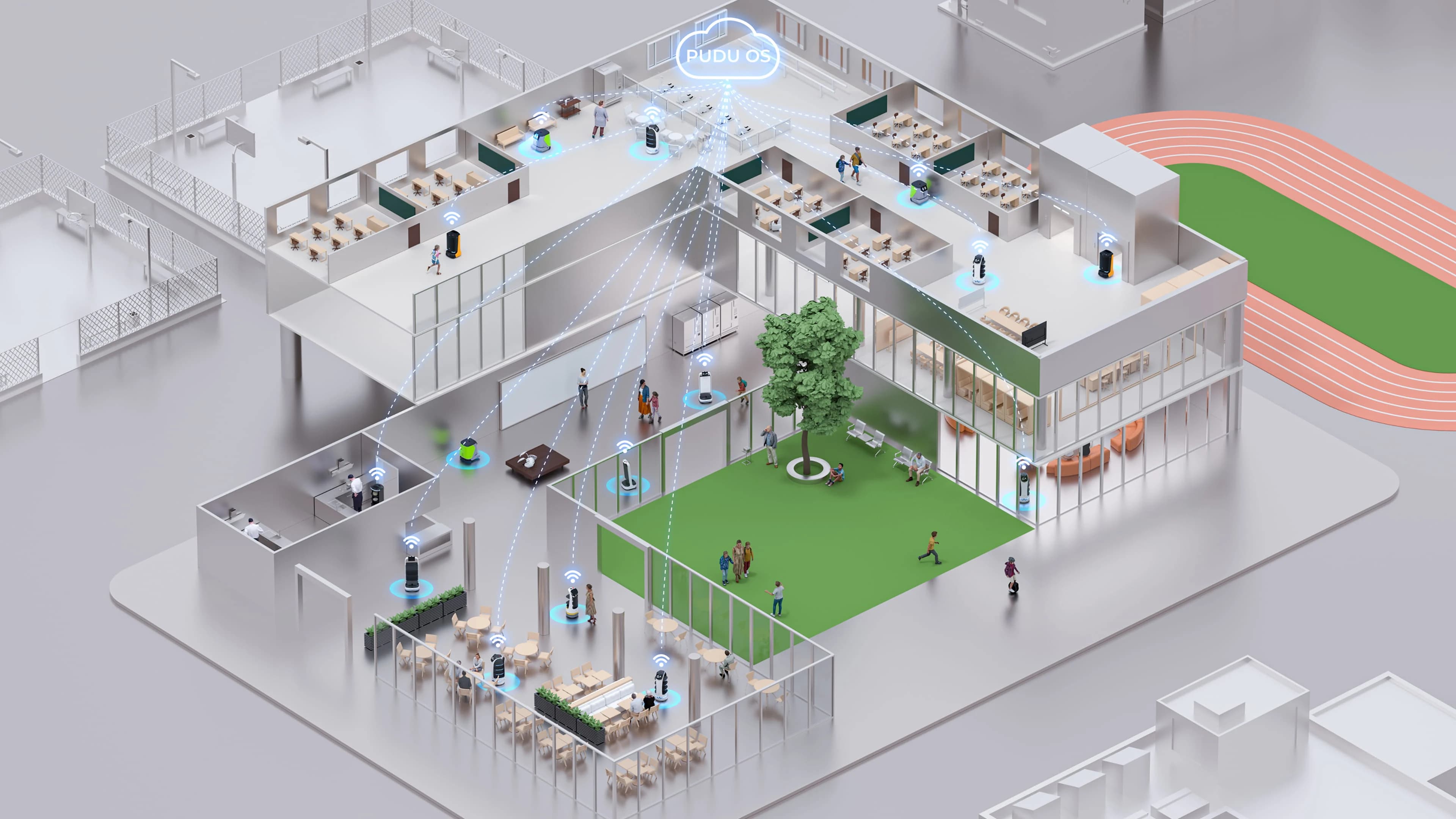 منظر isometric لروبوتات Pudu تعمل عبر campus مدرسي
