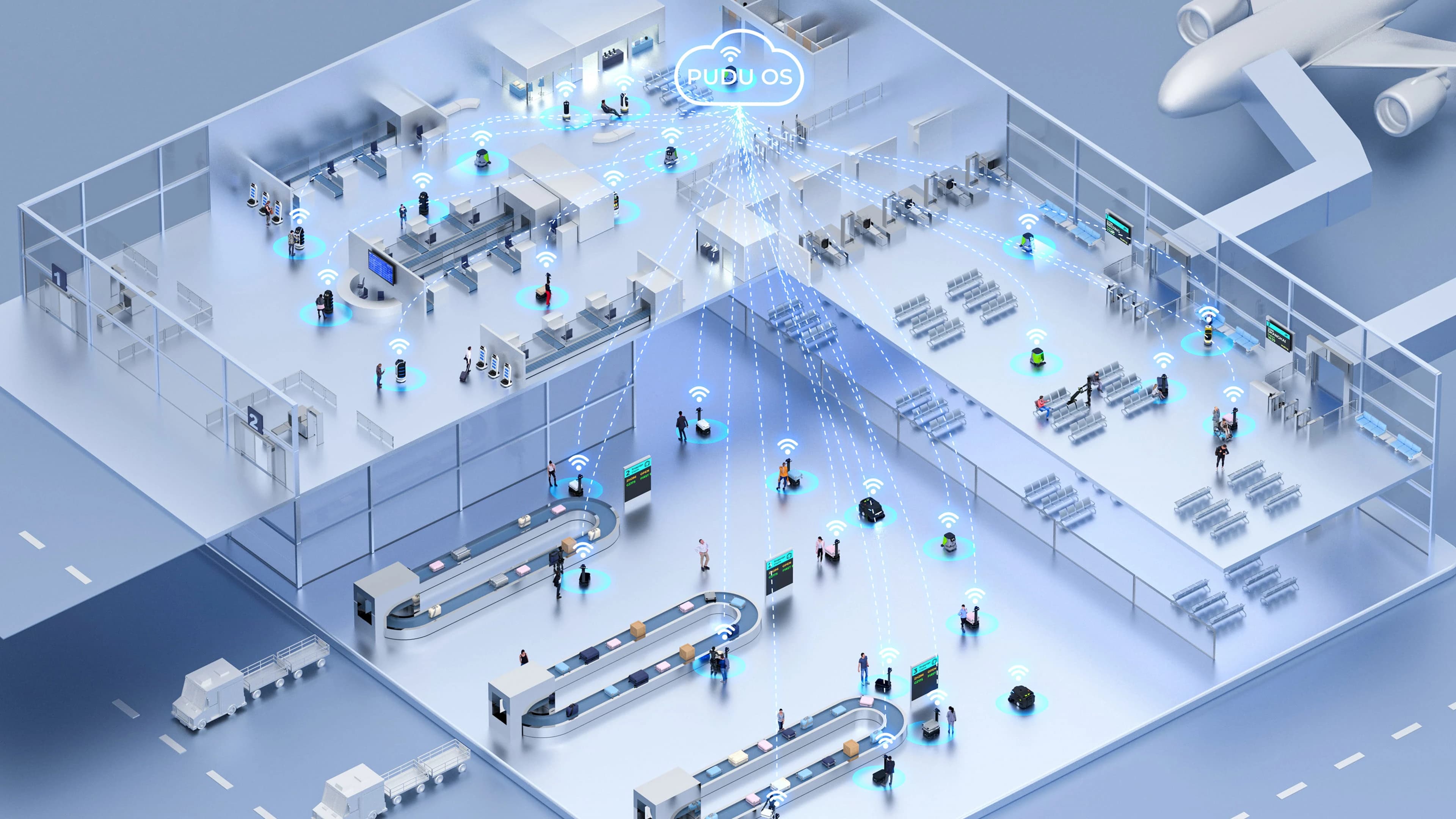 منظر isometric لروبوتات Pudu تعمل عبر محطة نقل