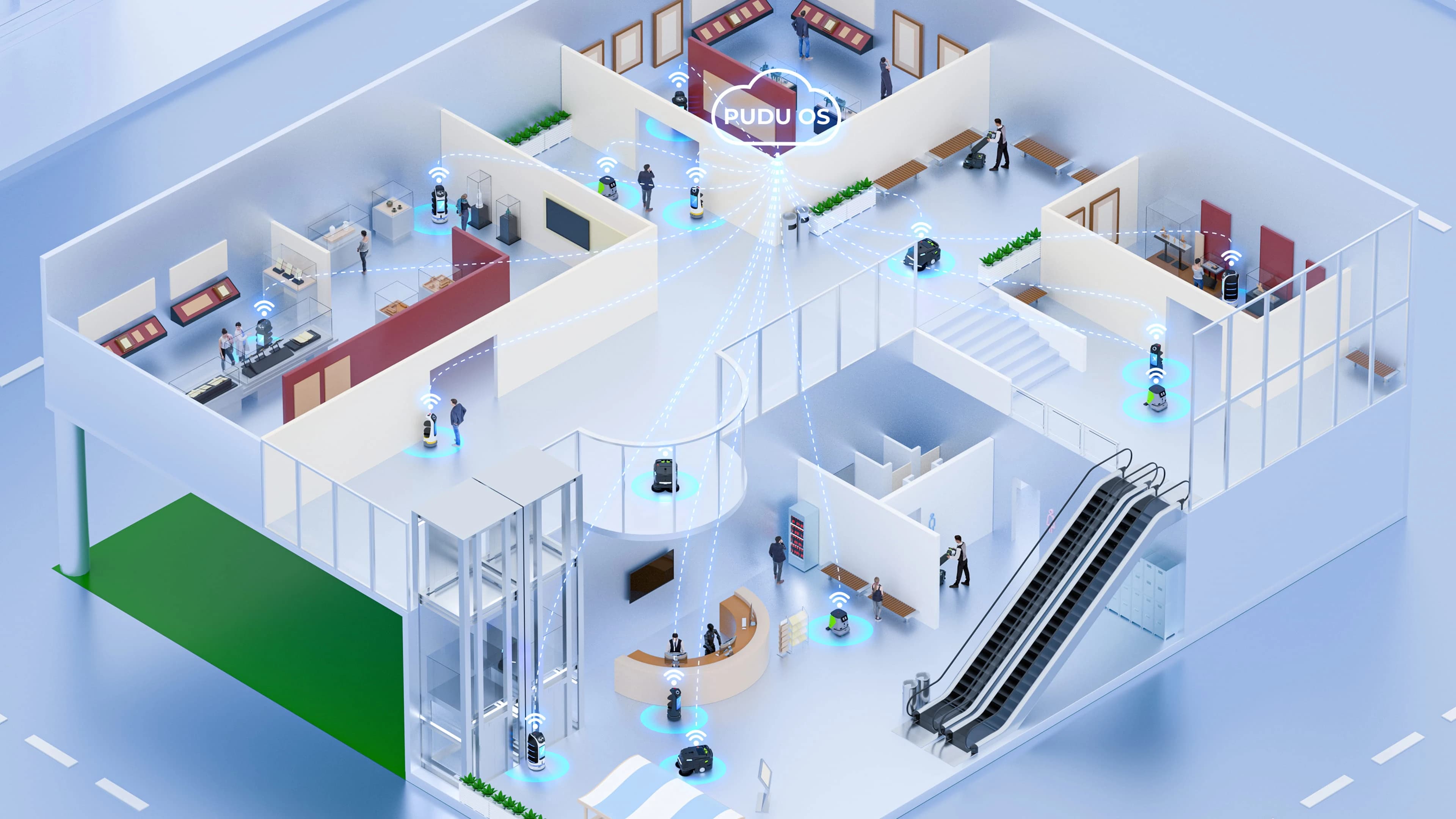 منظر isometric لروبوتات Pudu تعمل عبر مبنى خدمة عامة
