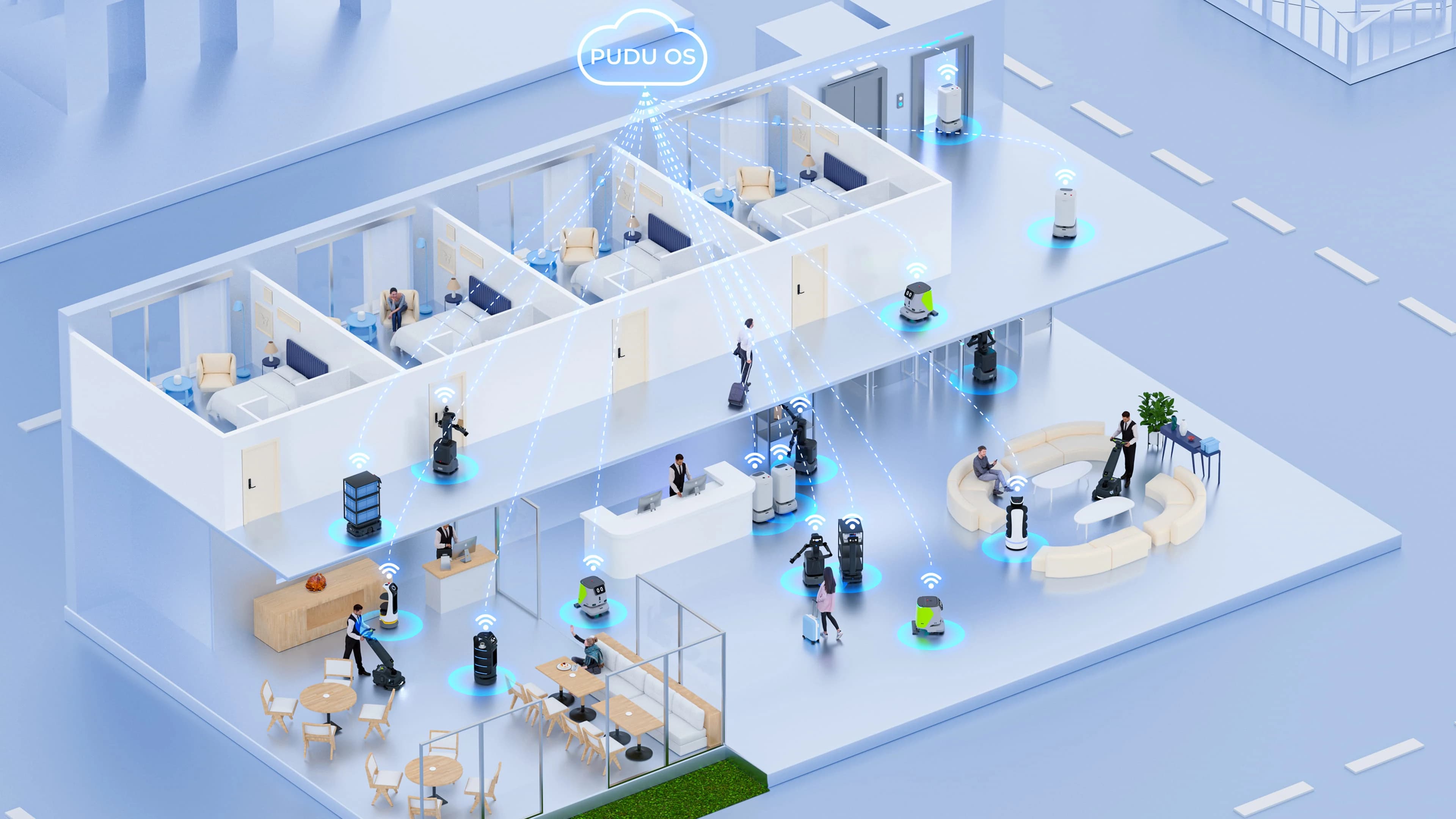 منظر isometric لروبوتات Pudu تعمل عبر فندق