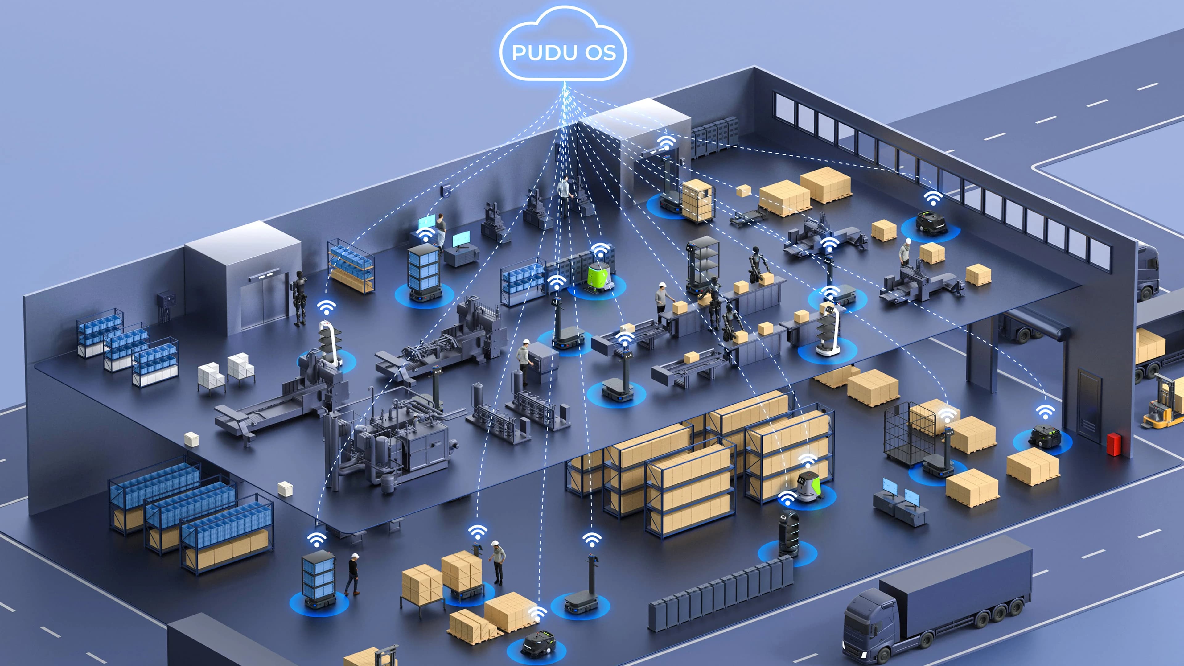 منظر isometric لروبوتات Pudu تعمل عبر مستودع