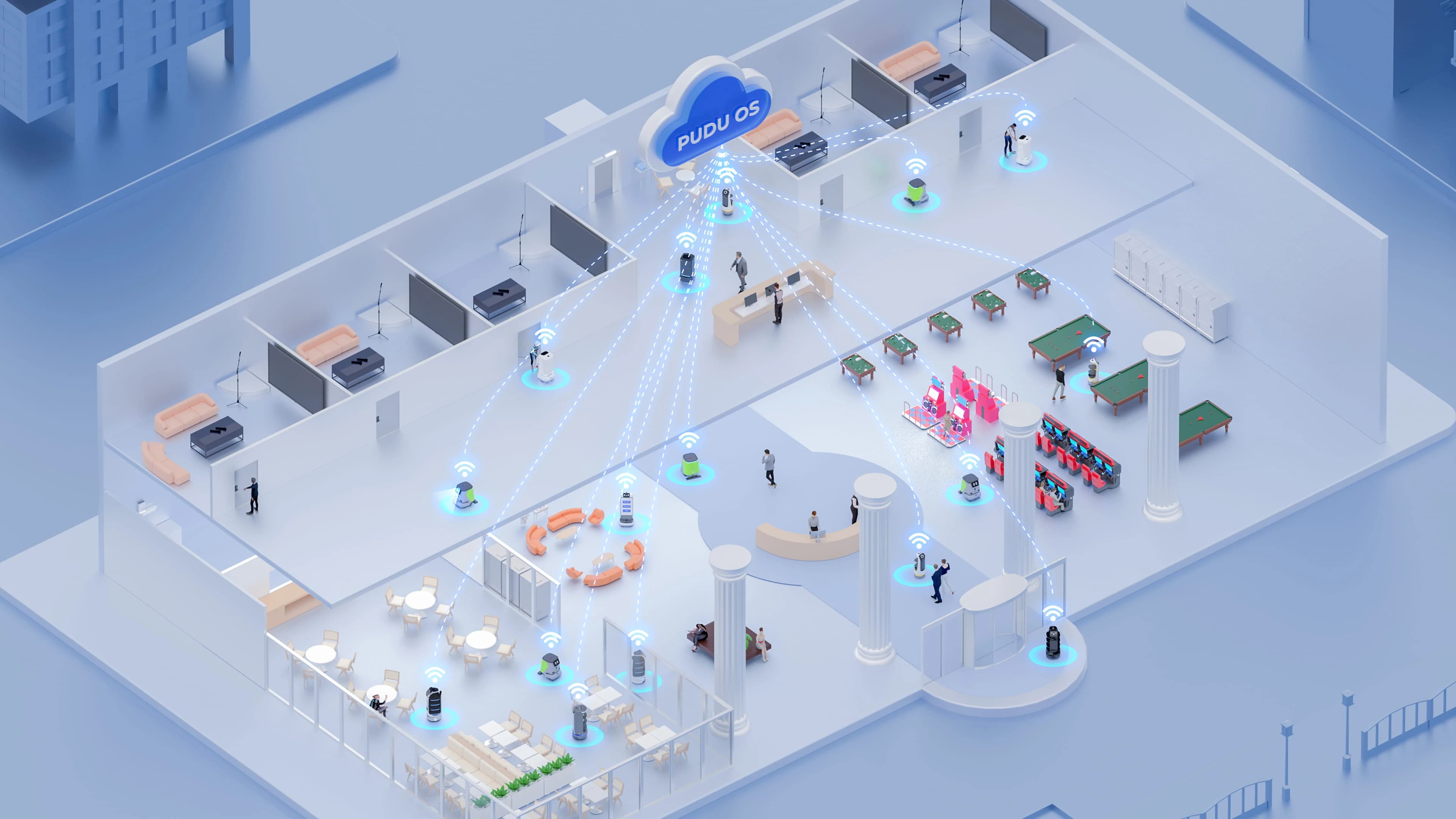 منظر isometric لروبوتات Pudu تعمل عبر ملعب